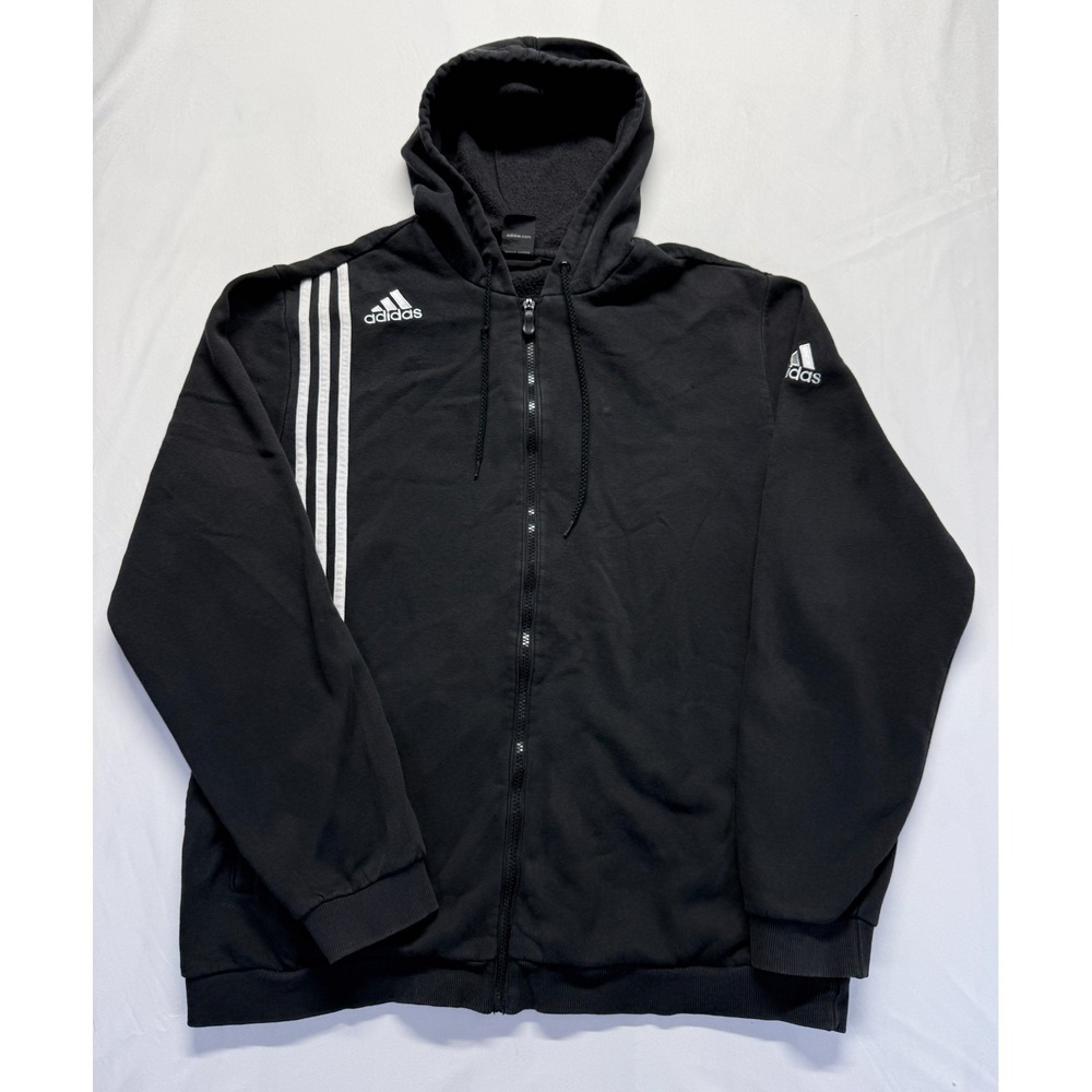 Adidas Essentials Hoodie Mens XL Black White 3 Stripes Cotton Full Zip Ribbed
